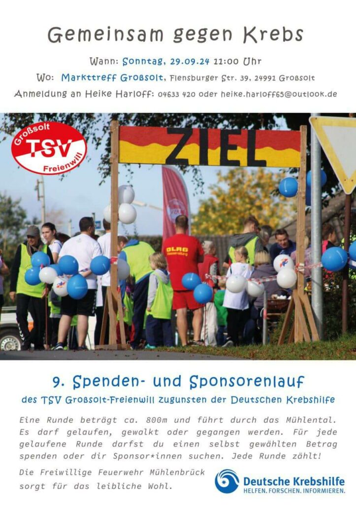 Plakat für die Veranstaltung "Gemeinsam gegen Krebs" – ein Spenden- und Sponsorenlauf des TSV Großsolt-Freienwill e.V. zugunsten der Deutschen Krebshilfe