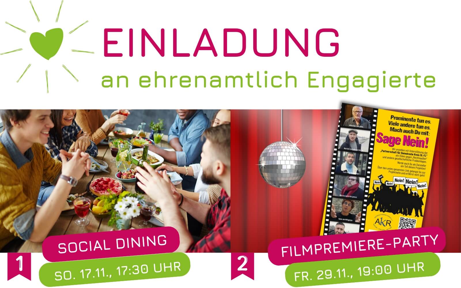 Einladung an ehrenamtlich Engagierte im Amt Hürup: Social Dining & Filmpremiere