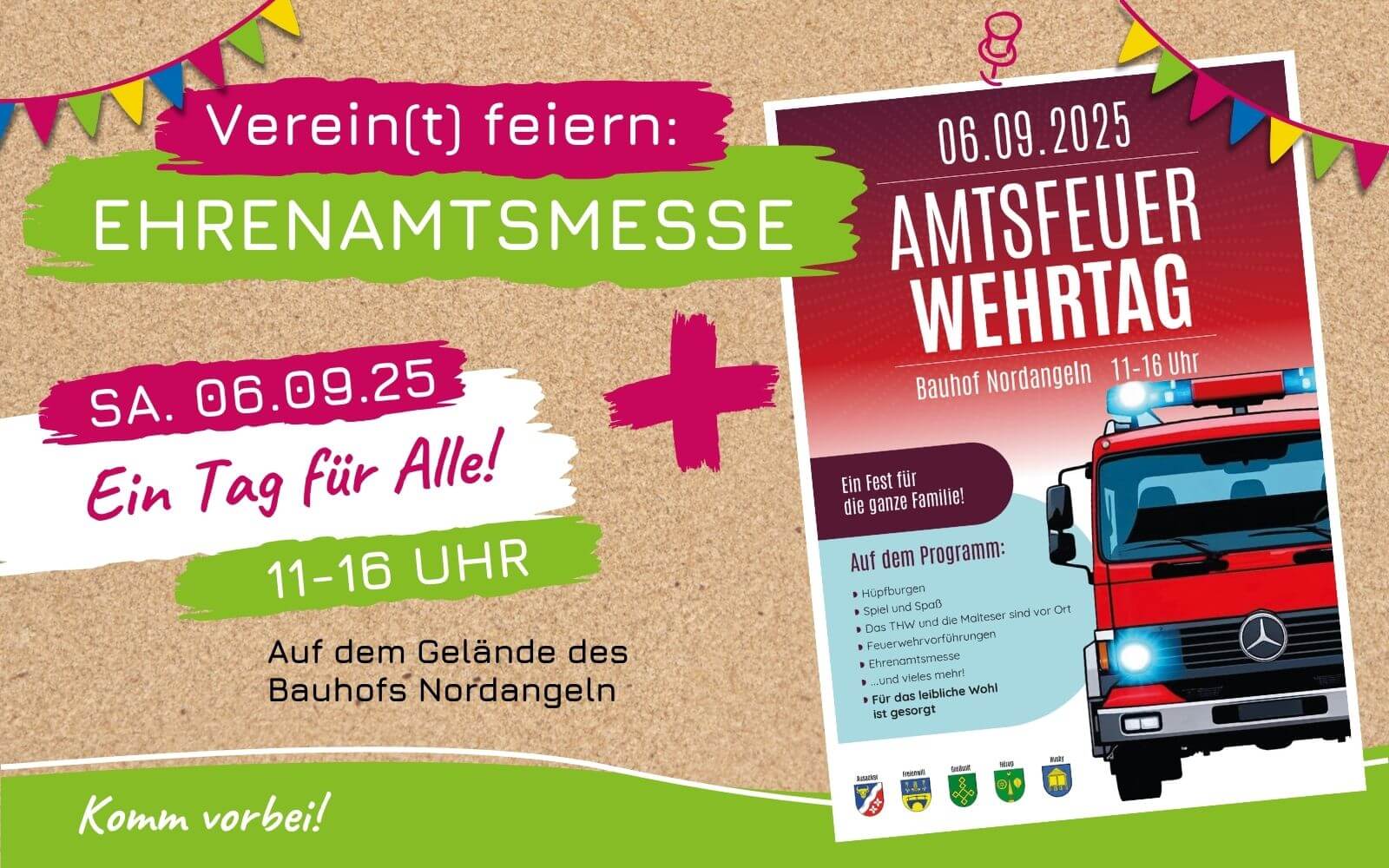 Verein(t) feiern: Ehrenamtsmesse + Amtsfeuerwehrtag am 6. September 2025 von 11-16 Uhr auf dem Bauhofgelände im Amt Hürup.