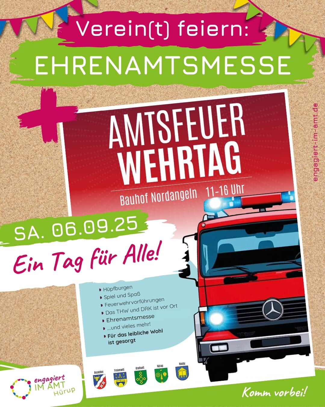 Verein(t) feiern: Ehrenamtsmesse + Amtsfeuerwehrtag am 6. Spetmebr 2025 von 11-16 Uhr auf dem Bauhofgelände im Amt Hürup.