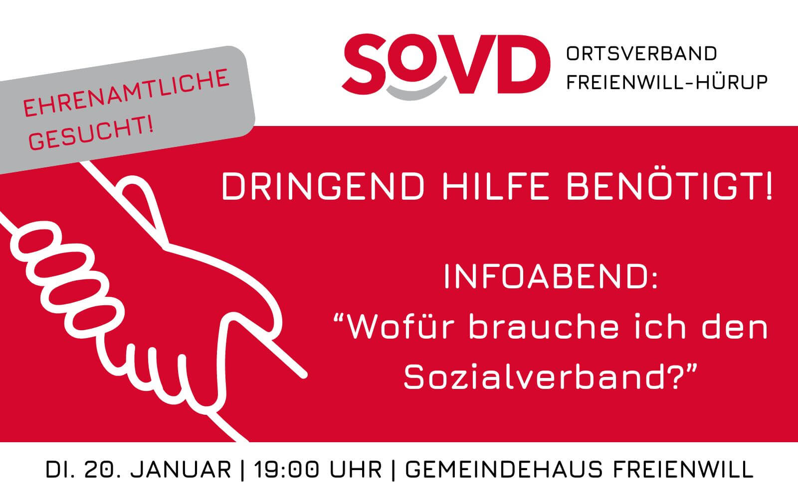 Der SoVD Freienwill-Hürup steht an einem Wendepunkt. Ehrenamtliche werden dringend gesucht. Infoabend am 20. Januar 2026 – jetzt aktiv werden.