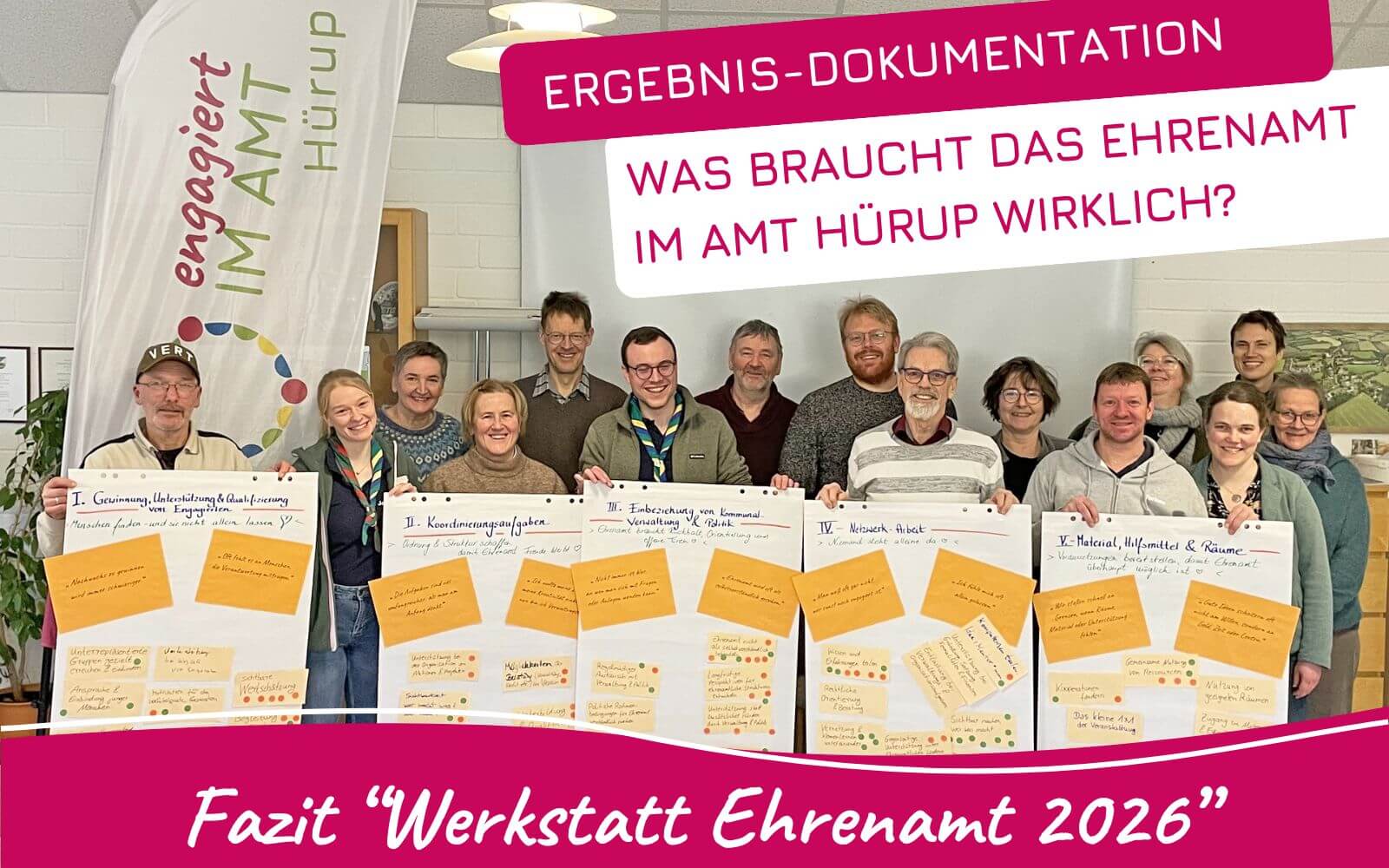 Gruppenfoto von den Teilnehmenden der Werkstatt Ehrenamt 2026, die die Ergebnissen präsentieren